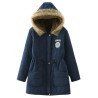 Womens Faux Fur Hooded Drawstring Thick Lined Parka Coat Navy Blue