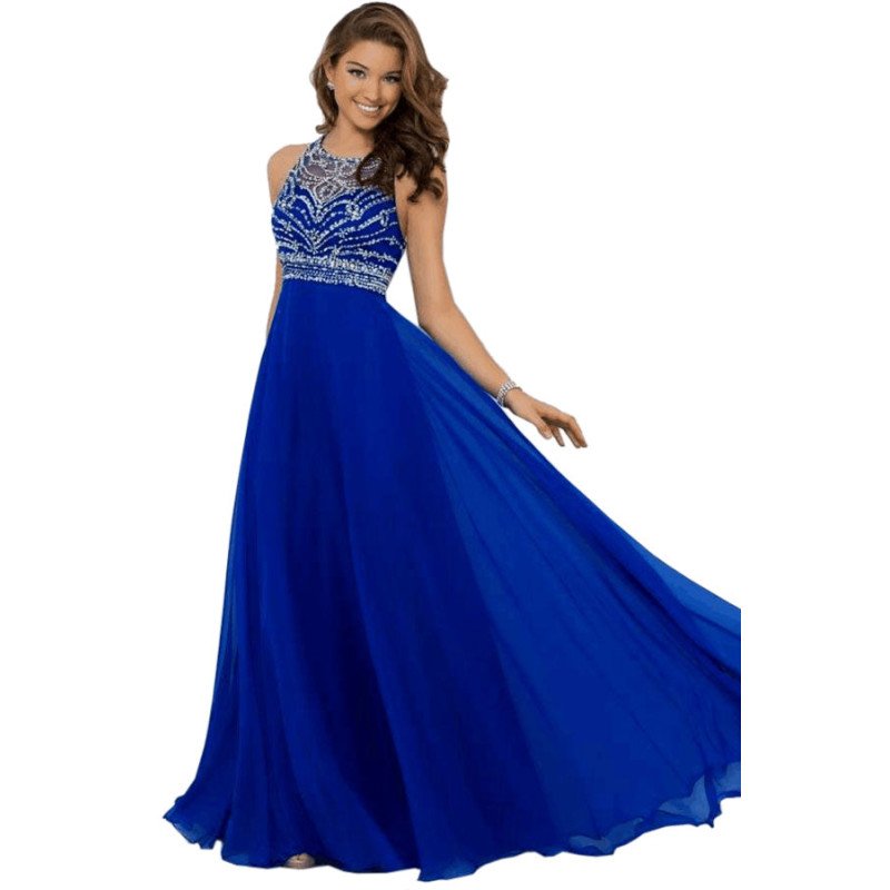 Backless Royal Blue Chiffon Long Evening Prom Dress