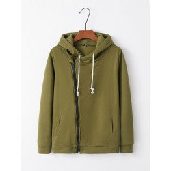 Womens Oblique Side Zipper Long Sleeve Plain Hoodie Army Green
