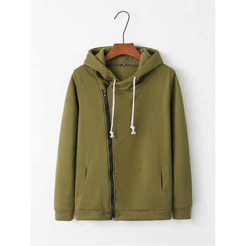 Womens Oblique Side Zipper Long Sleeve Plain Hoodie Army Green