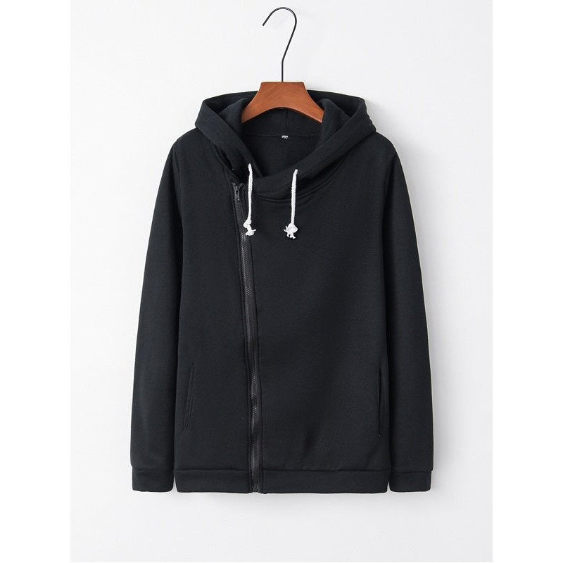 Womens Oblique Side Zipper Long Sleeve Plain Hoodie Black