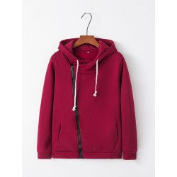 Womens Oblique Side Zipper Long Sleeve Plain Hoodie Ruby