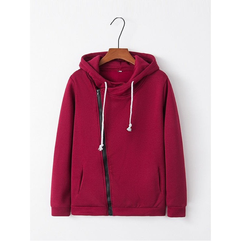 Womens Oblique Side Zipper Long Sleeve Plain Hoodie Ruby