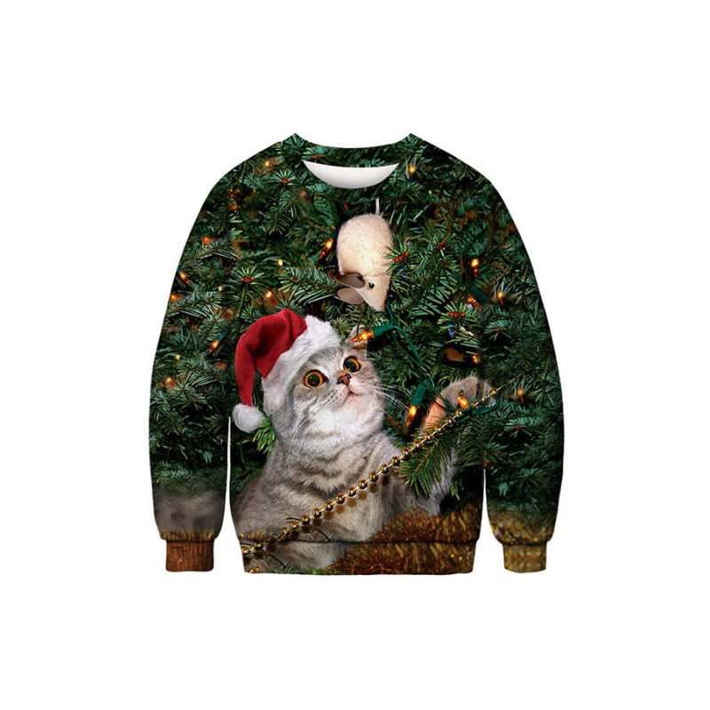Women Santa Kitten Mice Crewneck Sweatshirt Olive