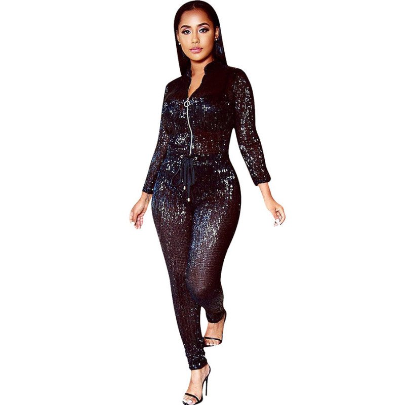 Plus Size Long Sleeve Zipper Front Drawstring Sequin Jumpsuit Black