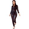 Plus Size Long Sleeve Zipper Front Drawstring Sequin Jumpsuit Black