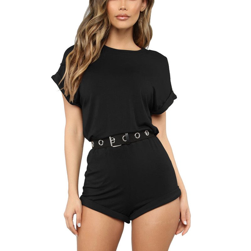 Women's Short Sleeve Rolled Cuff Elastic Waist Rompers