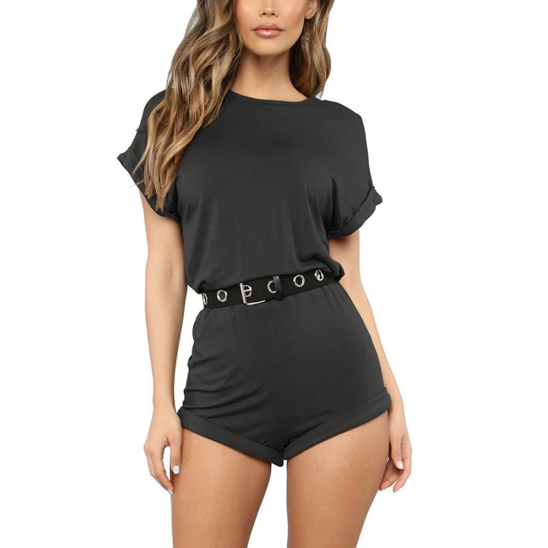 Women's Short Sleeve Rolled Cuff Elastic Waist Rompers