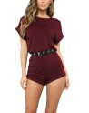 Women's Short Sleeve Rolled Cuff Elastic Waist Rompers