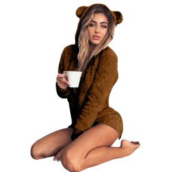 Plus Size Zip Up Bear Ear Long Sleeve Onesie Pajama Coffee