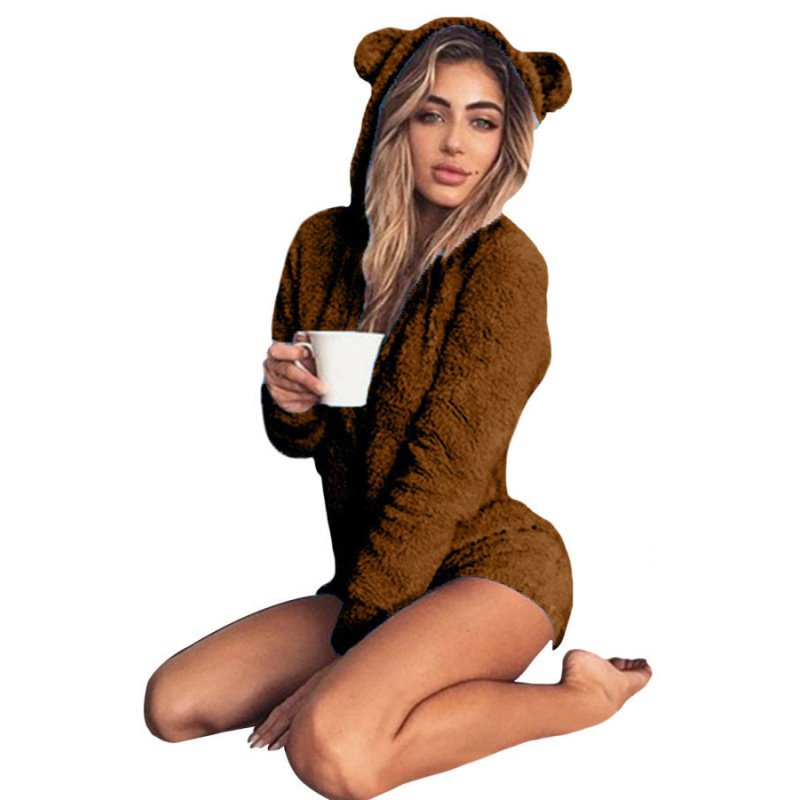 Plus Size Zip Up Bear Ear Long Sleeve Onesie Pajama Coffee