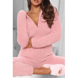 Zip Long Sleeve Fuzzy Onesie Loungewear With Hooded