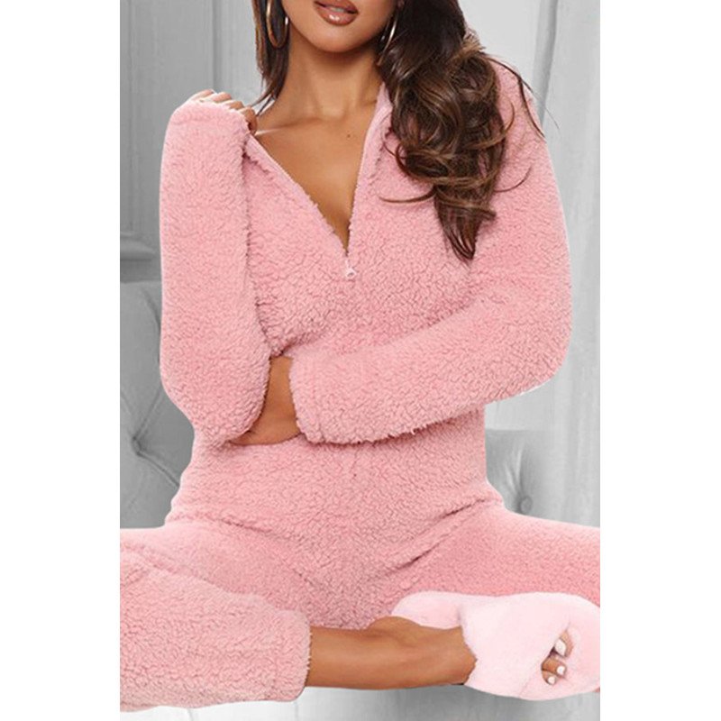 Zip Long Sleeve Fuzzy Onesie Loungewear With Hooded