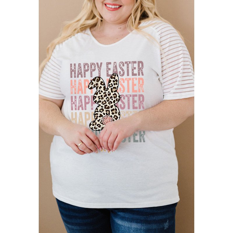 Plus Size Happy Easter T Shirt Leopard Bunny Graphic Short Sleeve Tops
