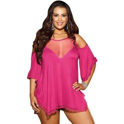 Womens Sexy Sheer Cold Shoulder Irregular Plus Size Babydoll Rose Red