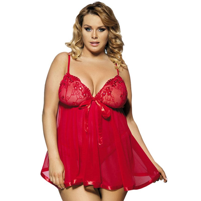 Womens Plus Size See Through Lace Trim Babydoll Red