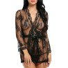 Sexy Long Sleeve Waist Tie Lace Sheer Babydoll With Thong Black