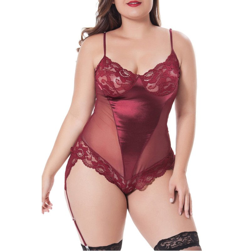 Plus Size Floral Lace Teddy Satin Ruby