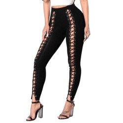 Womens High Waist Cross Lace-up Cutout Plain Leggings Black