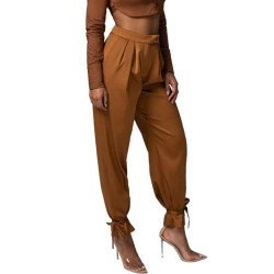 Womens Casual Loose Pants With Bow Tie Brown