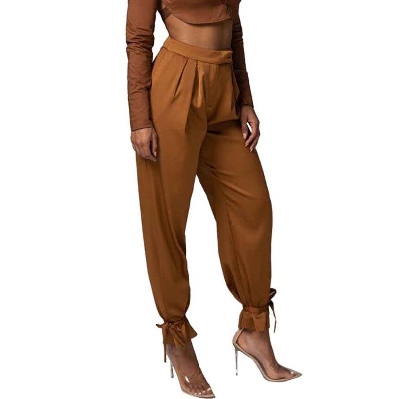 Womens Casual Loose Pants With Bow Tie Brown