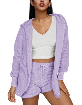 Fluffy Teddy Coat Crop Top And Shorts Fuzzy Three-Piece Set