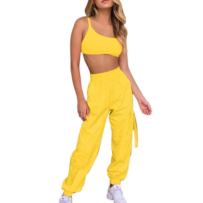 Women's Crop Top Cargo Jogger Pants Two Piece Set Yellow