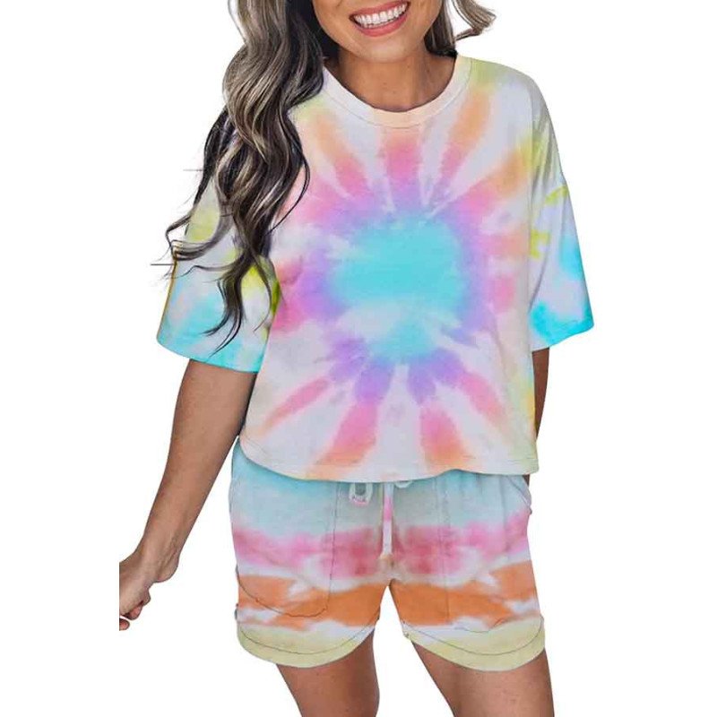 Women's Tie Dye Casual Tee And Shorts Pajamas Set Sleepwear