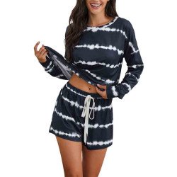 Crew Neck Tie Dye Top High Waisted Shorts Loungewear Black