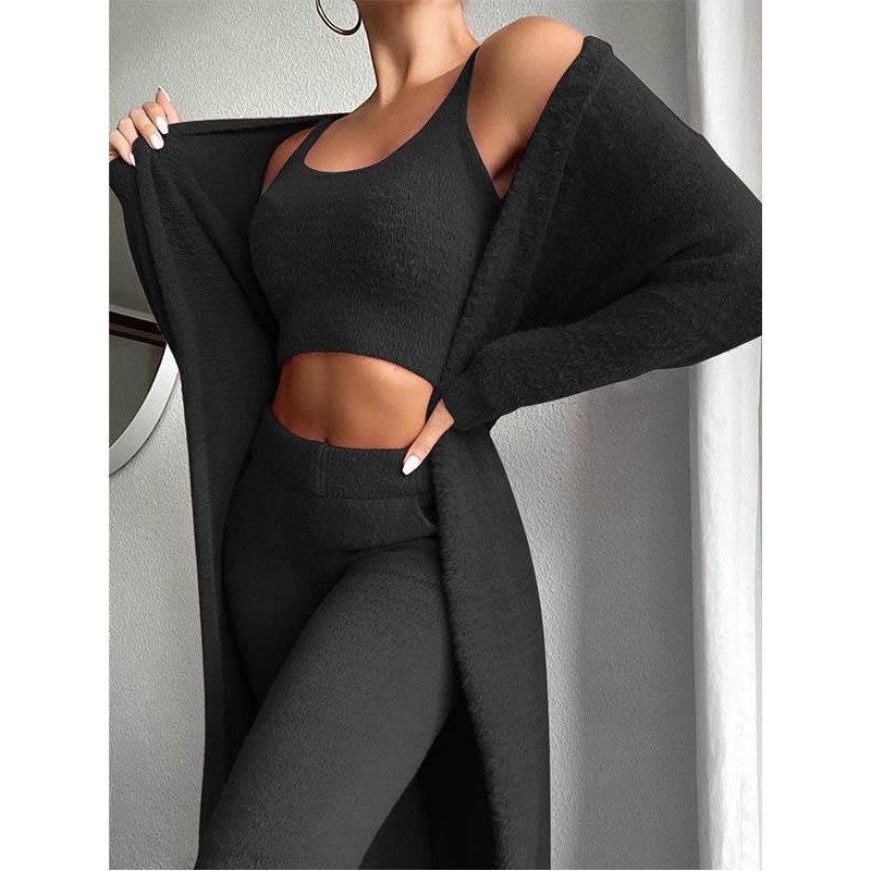 Womens Sexy 3 Piece Outfits Fuzzy Cardigan Crop Top Long Pants Set Loungewear