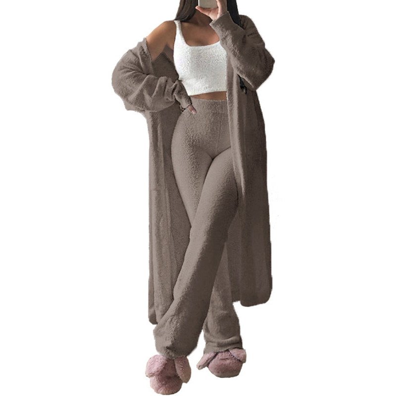 Womens Sexy 3 Piece Outfits Fuzzy Cardigan Crop Top Long Pants Set Loungewear