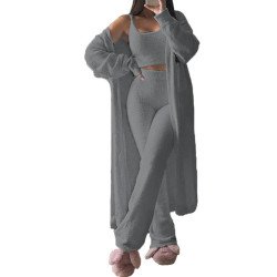 Womens Sexy 3 Piece Outfits Fuzzy Cardigan Crop Top Long Pants Set Loungewear