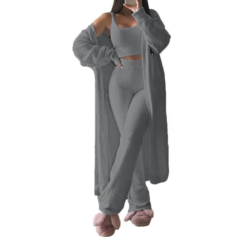 Womens Sexy 3 Piece Outfits Fuzzy Cardigan Crop Top Long Pants Set Loungewear