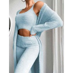 Womens Sexy 3 Piece Outfits Fuzzy Cardigan Crop Top Long Pants Set Loungewear
