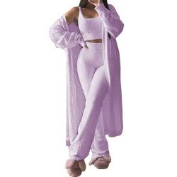 Womens Sexy 3 Piece Outfits Fuzzy Cardigan Crop Top Long Pants Set Loungewear