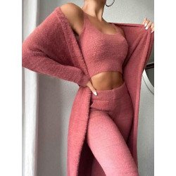 Womens Sexy 3 Piece Outfits Fuzzy Cardigan Crop Top Long Pants Set Loungewear