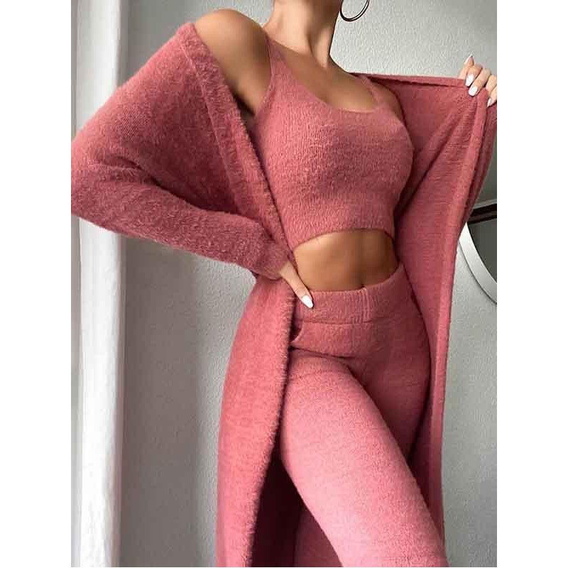Womens Sexy 3 Piece Outfits Fuzzy Cardigan Crop Top Long Pants Set Loungewear