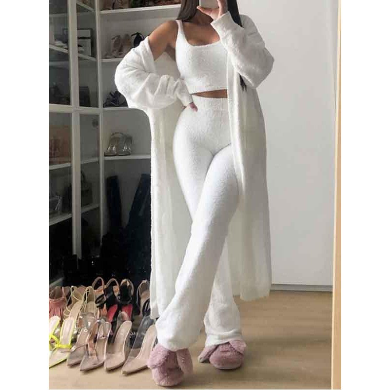 Womens Sexy 3 Piece Outfits Fuzzy Cardigan Crop Top Long Pants Set Loungewear