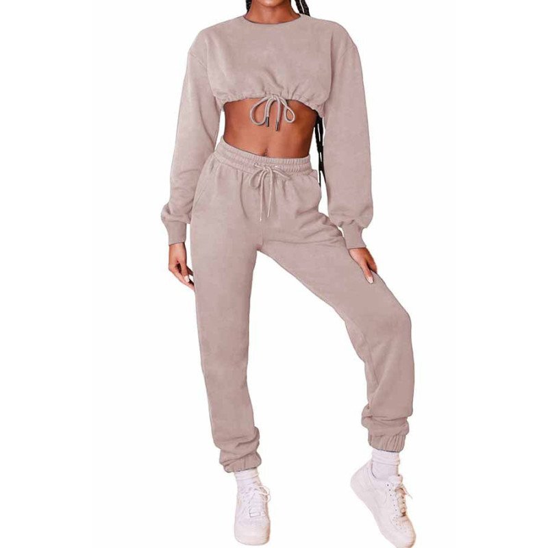 Solid Crop Top Jogger Sweatpants Tracksuit Set