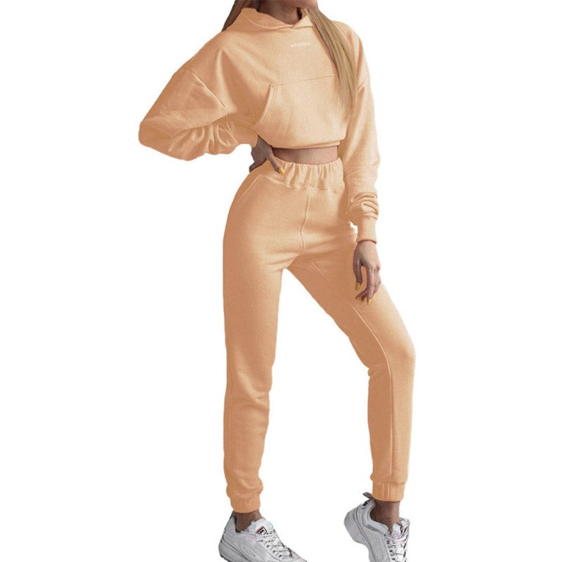 Women Casual Tracksuit Solid Cropped Hoodie Jogger Sweatpants Set