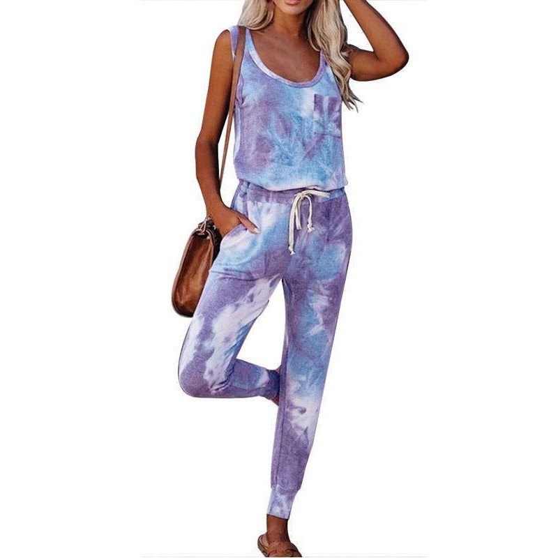 Women's Tie Dye 2 Piece Pajamas Set Sleeveless Tees And Long Pants Sleepwear