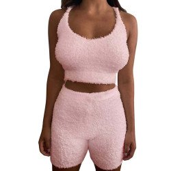 Women's Fuzzy 2 Piece Outfits Crop Top Shorts Set Loungewear
