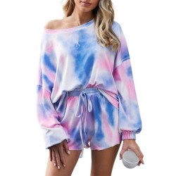 Long Sleeve Tie Dye Tee And Shorts Pajamas Loungewear Set