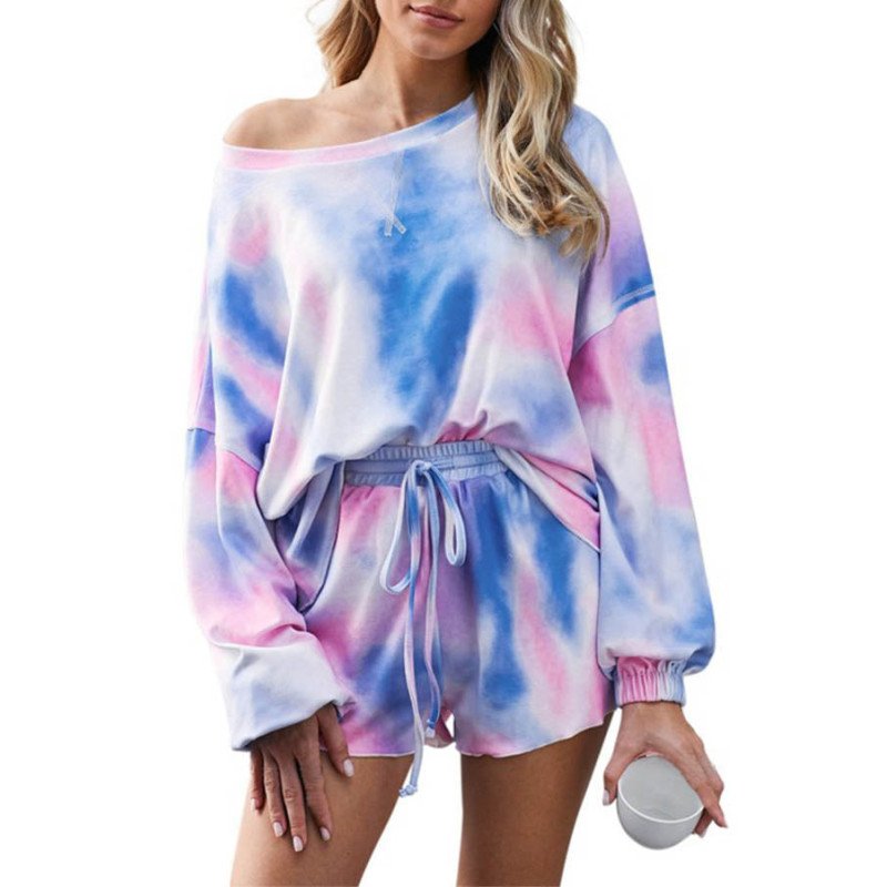 Long Sleeve Tie Dye Tee And Shorts Pajamas Loungewear Set