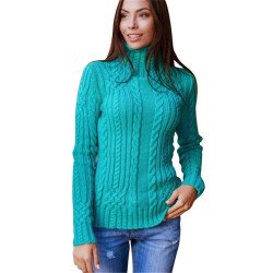 Womens Plain High Collar Long Sleeve Cable Knit Sweater Turquoise
