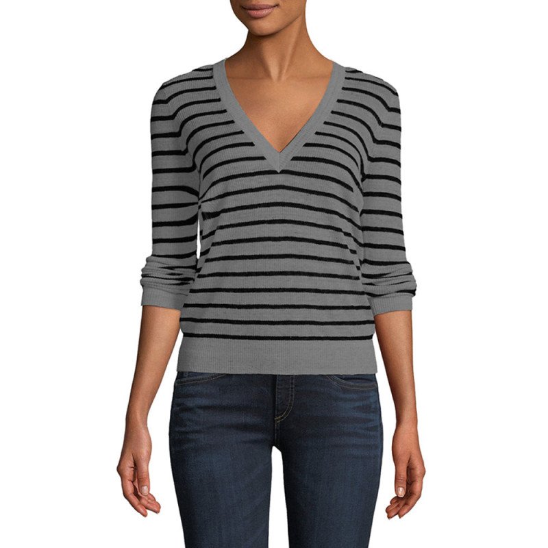 Striped Slim-fit Deep V Neck Pullover Sweater