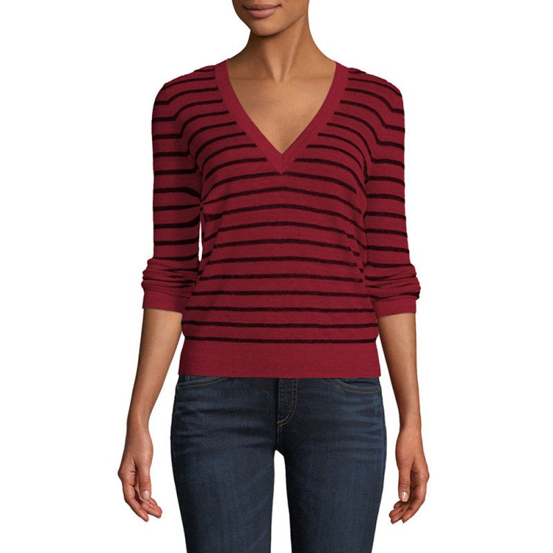 Striped Slim-fit Deep V Neck Pullover Sweater