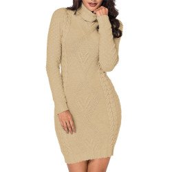 Women's Frilled Turtle Neck Mixed Knit Bodycon Sweater Dress
