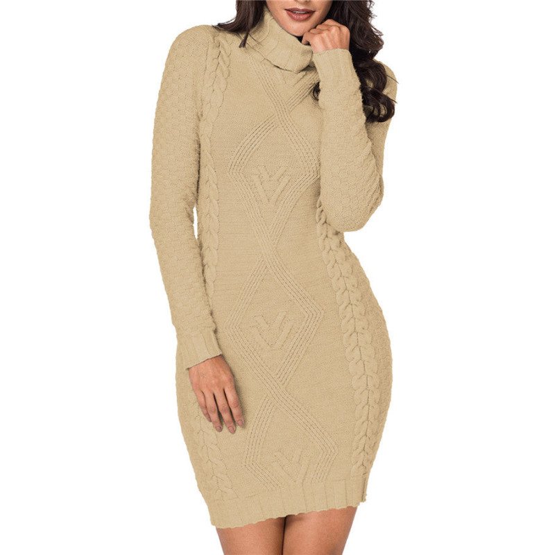 Women's Frilled Turtle Neck Mixed Knit Bodycon Sweater Dress