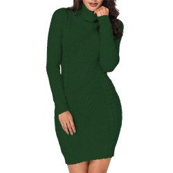 Women's Frilled Turtle Neck Mixed Knit Bodycon Sweater Dress